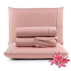 Jogo De Lençol Primor Casal 4 Peças Percal 400 Fios Ponto Palito - Rosê