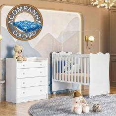 Quarto de Bebê Doce Sonho com Cômoda 2523 e Berço Simples 1 c/ Rodízios Qmovi Branco + Colchão Ortobom