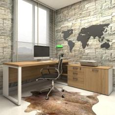 Mesa de Escritório Diretor em L Industrial 190cm Pés Metal - F5 Office