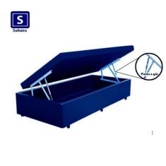 Cama Box baú solteiro sintético azul com pistao a gás