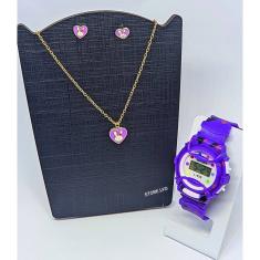 Kit Relógio Infantil Digital Menina Esporte Silicone Colorido + Conjunto Colar e Brincos Aço Desenho Animado Moda