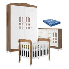 Quarto de Bebê New Selena 4 Portas com Berço Lila e Cômoda Selena Branco Acetinado Amadeirado e Colchão Ortobom – Carolina Móveis