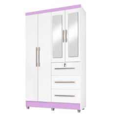 Guarda Roupas Solteiro Com Espelho 4 Portas 3 Gavetas Com Pés Tokio Branco / Branco Lilás Flex Branc