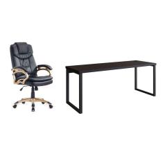 conjunto de mesa miguel 190 cm com cadeira de escritório presidente giratória com relax clark preta e dourada