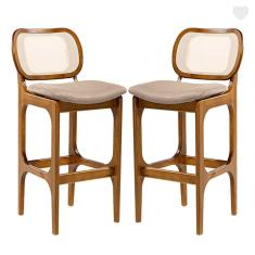 Kit 2 Banquetas para Cozinha Americana Decor Encosto Rattan Madeira Imbuia Linho Marrom L87 RMI