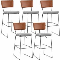 Kit 5 Banquetas Altas Allana L02 Industrial Aço Assento Linho Cinza Lyam Decor