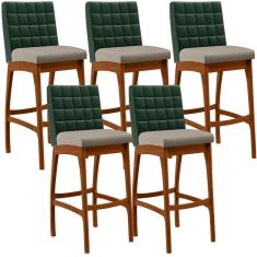 Kit 5 Banquetas Altas Mila B04 Madeira De Eucalipto Assento Linho Bege Verde Musgo Lyam Decor
