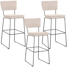 Kit 03 Banquetas Alta Para Cozinha Sala De Jantar Base Em Aço Allana L02 Suede Bege