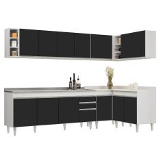 Armário De Cozinha Modulado De Canto 7 Peças Cp36 Com Pia Inox Branco/preto - Lumil