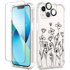 GVIEWIN Capa projetada para iPhone 13 de 6,1 polegadas, com protetor de tela de vidro temperado + protetor de lente de câmera, flor transparente, macia e flexível, fina, à prova de choque, floral