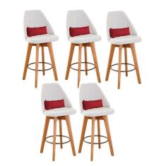 Kit 05 Banquetas Bege Claro E Almofada Sintético Vermelho