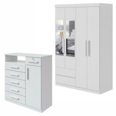 Conjunto de Guarda-roupa Solteiro com Espelho 4 Portas 2 Gavetas Zeuse Cômoda Da Vinci Branco