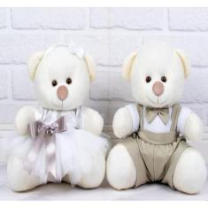 Casal de ursos pelucia pajem caqui, daminha branca - detalhes caqui.  