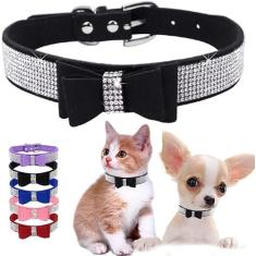 Coleiras de cachorro pequenas para cadelas, lindo cristal de strass brilhante com gravata borboleta com glitter diamante gravata borboleta para filhotes de cachorro PP pequeno médio animal de