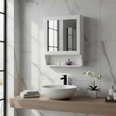 Armário Aéreo para Banheiro com Espelho Retrô Espelheira Branco Laca