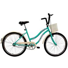 Bicicleta Feminina aro 26 Beach Retrô Azul Turquesa com Aros duplos, Pneus Slik, Paralamas e Cesta Bege - Dalannio Bike