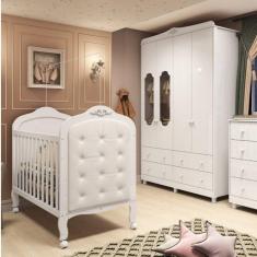 Quarto de Bebê com Guarda Roupa Janelado e Berço com Botões encapados Maya Provençal Espresso Móveis Branco Brilho/Branco