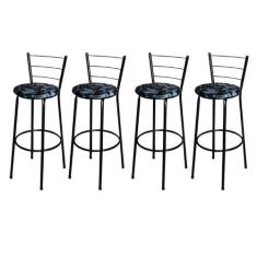 Jogo 4 Banqueta Alta Para Cozinha Epoxi Preta Estofado Floral - Lamar 