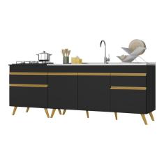 Kit Com 2 Balcões De Cozinha 150cm E 70cm Veneza Multimóveis V2073 Preto/dourado Preto/dourado
