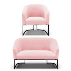 Sofá Namoradeira E Poltrona Base Industrial Preto Stella Suede Rosa Bebê D03 - D'rossi