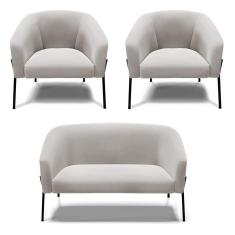 Sofá Namoradeira E 2 Poltronas Pé De Ferro Preto Stella Veludo Cinza D03 - D'rossi