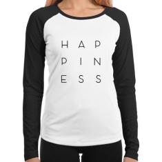 Baby Look Raglan Happiness Manga Longa - Foca na Moda, Branco, Preto, 