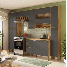 Cozinha Modulada Completa 5 Peças 13 Portas 2 Gavetas com Tampo e Vidro Reflecta 100% Mdf Itália Esp Amêndoa/Cinza
