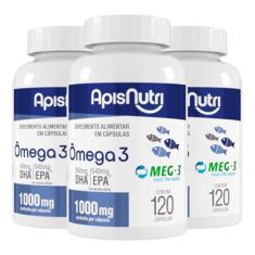 Kit 3 Ômega 3 Óleo de peixe 1000mg Apisnutri 120 cápsulas