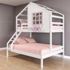 Beliche Casinha Com Janela Casal/solteiro Madeira Maciça Branco/ Rosa 