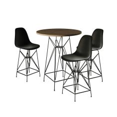 Jogo Mesa Bistrô Eames Eiffel Amêndoa 60cm 3 Banquetas Preta Base Ferro Preto