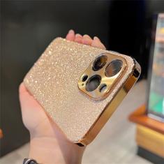 Chapeamento de luxo Bling Glitter Strass Gem Diamond Phone Case para iPhone 15 13 12 11 14 Pro Max Camera Protection Soft Cover, dourado, para iPhone 12 Pro