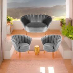 Kit 01 Sofá 2 lugares Namoradeira e 02 Poltronas Decorativas Pétala pa