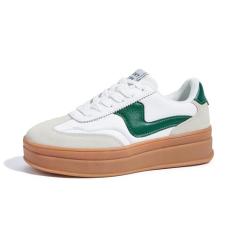 LUCKY STEP Tênis Plataforma Feminino Salto Grosso Cabedal Camurça e Couro Legítimo Sola Borracha Clássica Antiderrapante Casual (Branco/Verde, 8.5US-38BR-25MX)