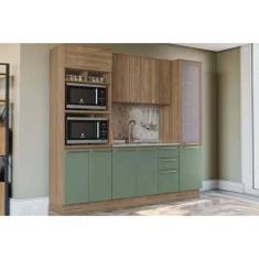 Cozinha Modulada Completa Botanic 4 Peças 1 Aéreo + Balcão + 2 Paneleiros Sem Pia M647 Nogueira Verde Oliva