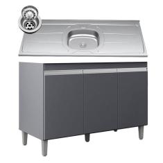 Balcão De Cozinha Com Pia Inox 120cm 3 Portas Manu Cinza - Ajl Móveis