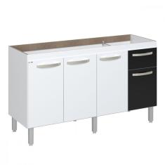 Balcão de Cozinha para Pia Flat 4 Portas 1 Gaveta MDP 1,43 Branco com Preto AJ Rorato
