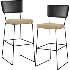 Kit 02 Banquetas Altas Preto Linho Bege Escuro