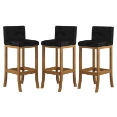 Kit 3 Banquetas Média Encosto Estofado 38x90Cm Ilha Espanha Madeira Ma