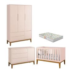 Quarto de Bebê 3 Portas New Classic Rosa com Pés Madeira e Colchão Gazin – Reller