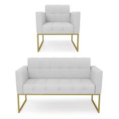 Kit 1 Sofá Namoradeira e 1 Poltrona Elisa Linho Cinza A05 Base Metálica Industrial Dourado D03 - D'Rossi