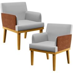 Kit 02 Poltronas Decorativas Para Sala Estar Beatriz W01 Linho Cinza Couríssimo Camel - Lyam Decor