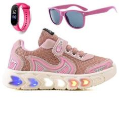 Tenis Infantil De Led Casual Jogger Meninas Escolar Basico + Oculos Relogio-Feminino