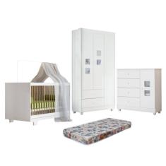 Quarto de Bebê Berço Mini Cama com Colchão, Cômoda 1 Porta 4 Gavetas e Roupeiro 3 Portas 2 Gavetas Branco