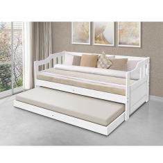 Sofa Cama Solteiro de Madeira com Braços e 2 Colchões - Branco 