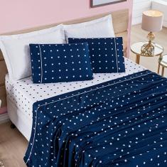 Jogo Cama Lençol Meggy Poá Queen Bolinhas Micropercal 200 Fios 4 Peças - Azul Marinho