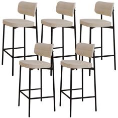 Kit 05 Banquetas Alta Bar Cozinha Sala De Jantar Aço Preto Kaira C01 Linho Areia - Lyam Decor