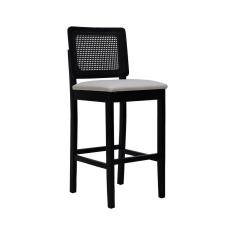 Banqueta Alta Bistrô Madeira Maciça Lyon Assento Estofado Encosto Telinha - Preto Corano Bege