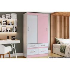 Guarda Roupa Solteiro Briz BE25 2 Portas de Correr 4 Gavetas MDP Branco-Rosa Henn