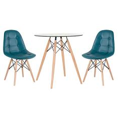 Loft7, Kit Mesa de vidro Eames 70 cm + 2 cadeiras estofadas Eiffel Botonê turquesa