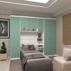 Quarto De Solteiro Com Guarda Roupas E Mesa De Cabeceira Alpes Luciane Móveis Branco Pf Com Verde Pf